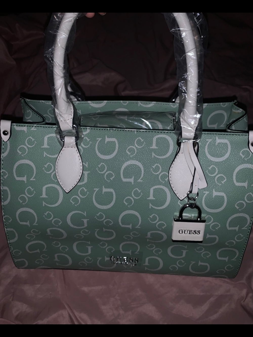 GUESS Mint Green Logo Satchel with White Trim